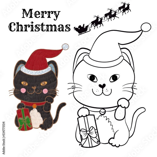 Cat and present in Christmas celebrtion. Coloring page with Black cat example on white backgound. Printable and good for coloring beginner. photo