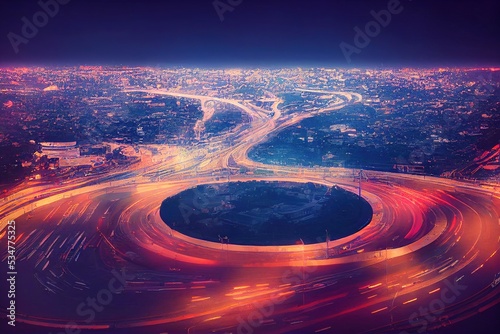 anime style, Road roundabout with car lots in the city in ThailandSixth Street intersection is beautifulcity scape Light eveningAerial view transportation , Anime style no watermark photo