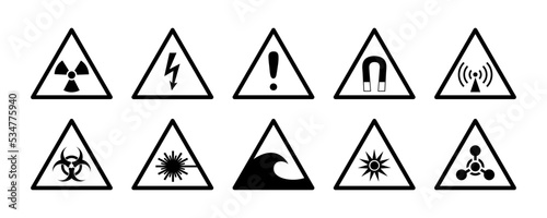 Danger signs and symbols set. Informing about risks and precautions. Triangle pictogram, icons for radiation, biological and chemical hazards. Symbol, sign of high voltage and radio emission, etc.