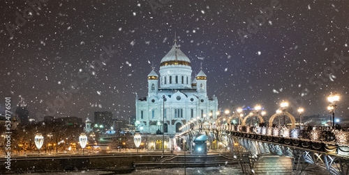 December 14, 2021, Moscow, Russia. The Cathedral of Christ the Savior in the Russian capital during a snowfall on a winter evening.