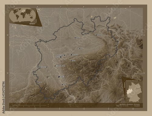 Nordrhein-Westfalen, Germany. Sepia. Labelled points of cities photo