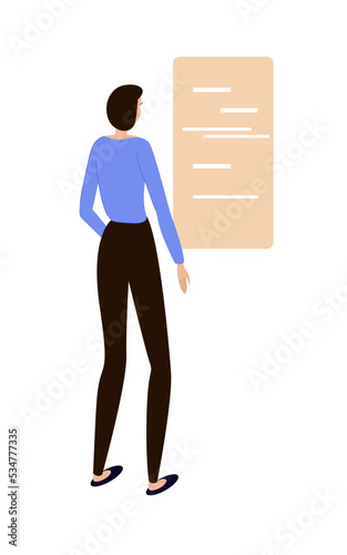 Young happy girl looking and showing on the background with a blank poster plakat. Blank sheet of paper, card mock up for advertising or presenting. Flat vector illustration isolated on white.