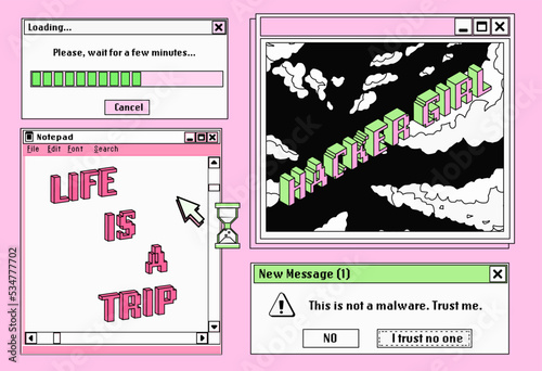 Cute retro vaporwave style collage of user interface elements. Pixelated Y2K window boxes, tabs, buttons.