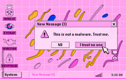 PC desktop with start menu, window boxes and icons in retro Y2K or 2000's style. Collage of UI and UX design elements in pastel pink colors.