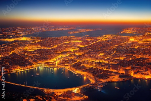 cartoon drawing Aerial view of Valletta city capital of Malta at sunset , Anime style