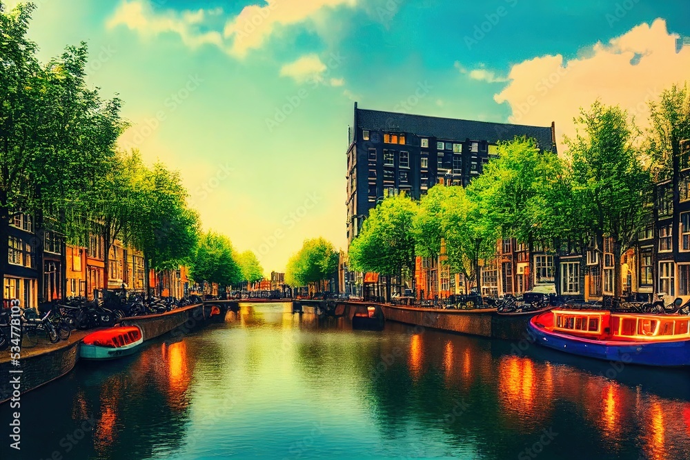 anime style, Bike over canal Amsterdam city Picturesque town landscape in Netherlands with view on river Amstel , Anime style no watermark