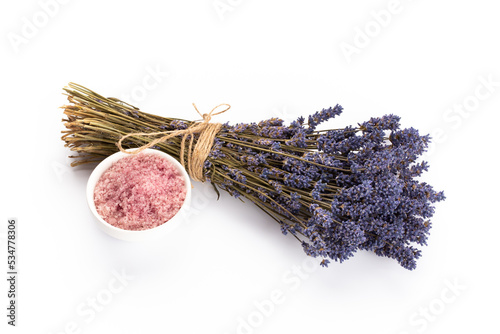 lavender spa products with dried lavender flowers on a isolated background.