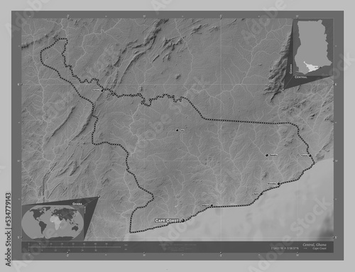 Central, Ghana. Grayscale. Labelled points of cities