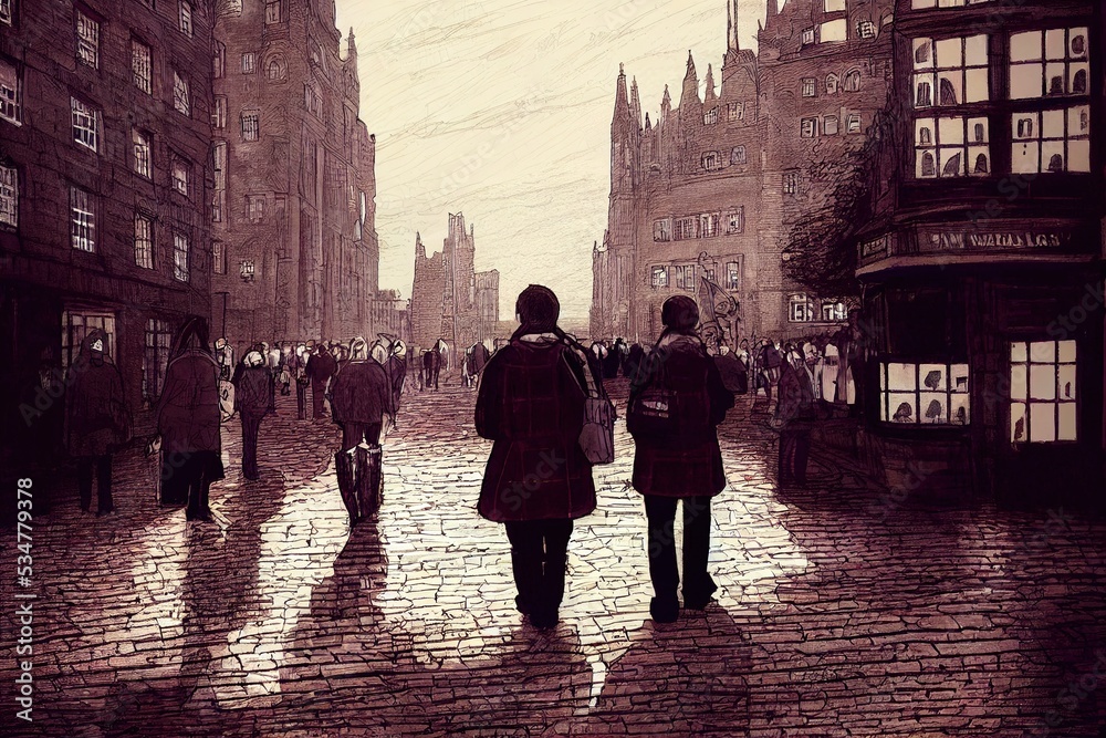 2d drawing Tourists walking around the capital city This is a famous landmark Edinurgh city centre scotland Uk th 2 , Anime style no watermark