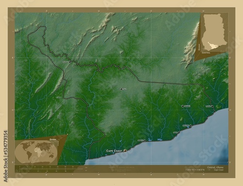 Central, Ghana. Physical. Labelled points of cities photo