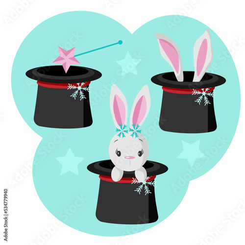 New year set for 2023 year of the rabbit, magic hat with a rabbit, isolated elements
