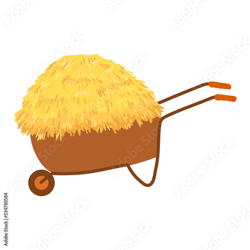 Agricultural haycock and wheelbarrow in cartoon flat style, rural hay rolled stack, dried farm haystack. Vector illustration of fodder straw