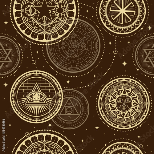 Occult gothic pattern. Alchemy pentagram circles. Vintage Halloween wicca or pentacle. Old black occult tattoo sign. Astrology symbol. Swastika and triquetra. Vector seamless background
