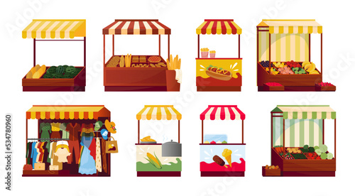 Marketplace street stall. Local market shop with roof canopy. Vendor and hawker selling vegetables. Festival fair. Outdoor kiosk for clothing and accessories. Vector illustration set