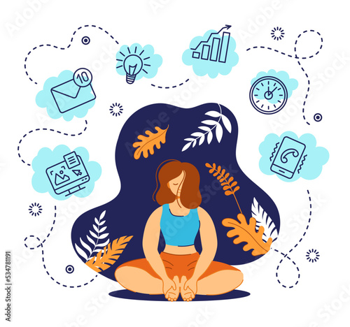 Wellbeing people calm at yoga. Meditating person. Woman work in multitasking Zen. Relaxing exercise. Meditation asana. Job concentration. Information detox. Vector flat illustration