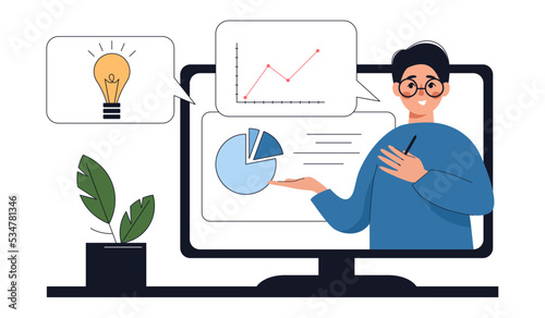 Online studying with tutor, man teacher. Online courses, education business and self development concept. Vector illustration.