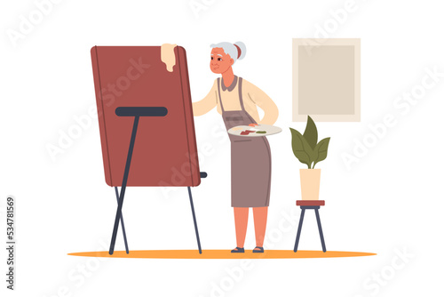 Senior people. Elderly cartoon character drawing picture with easel and palette. Grandmother leisure. Retired person hobby. Aged painter. Pensioner woman activities. Vector illustration