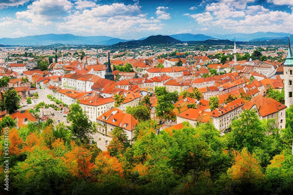 anime style, Ljubljana Beautiful cities of Europe charming capital of Slovenia panoramic view with old town and castle , Anime style