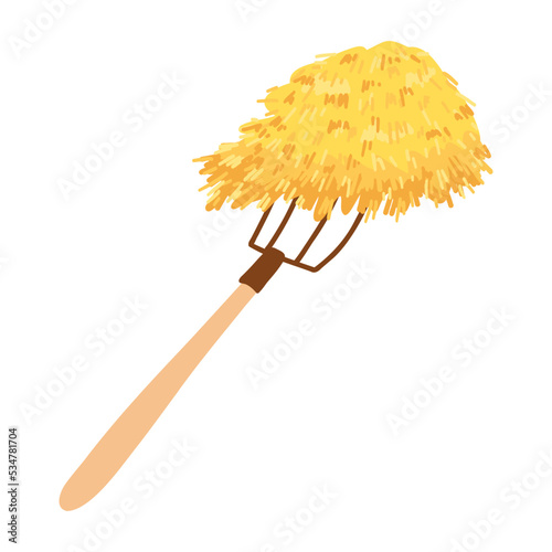 Pitchfork with hay in cartoon flat style. Vector illustration of fodder straw, dried farm haystack, agricultural haycock, rural hay rolled stack