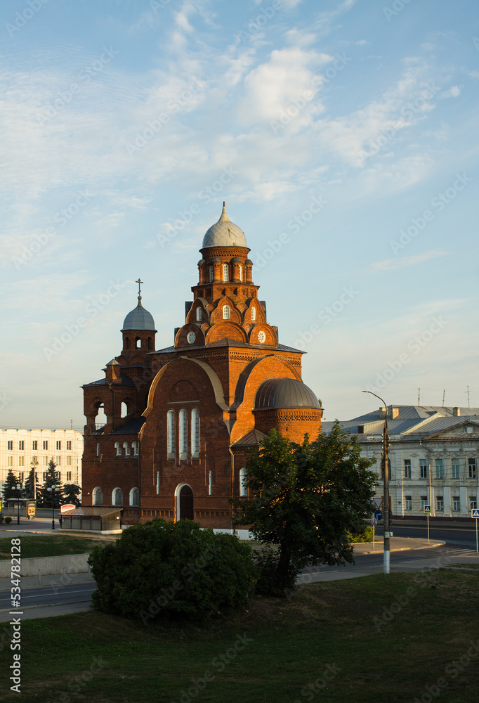 VLADIMIR, RUSSIA - AUGUST, 17, 2022: Red brick old crystal Museum building in the old town on a summer day