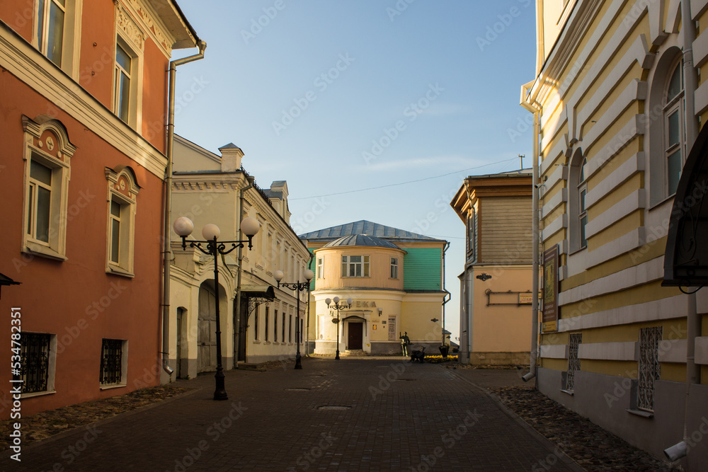 Vladimir, Russia - AUGUST, 17, 2022: the historic building of the old pharmacy in the alley of the historical part of the city on a sunny day