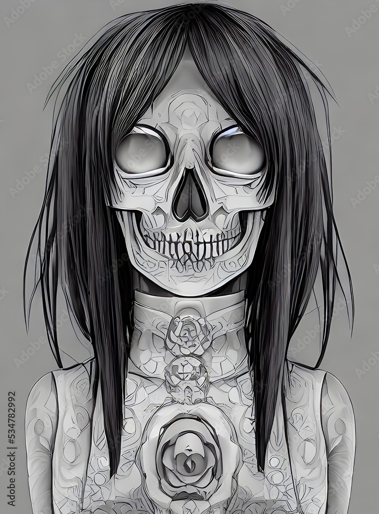  estilo anime en ropa gótica aterrador fantasma esqueleto cráneo niña ojos blancos, ilustración digital, diseño de personajes conceptuales retrato Ilustración de stock