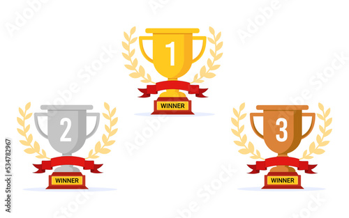 Winners prize with gold, silver and bronze cups. Vector illustration in flat style isolated on white background.