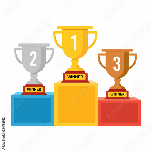 Vector illustration of Golden and silver and bronze trophy cups stand on award podium. winner trophy.
