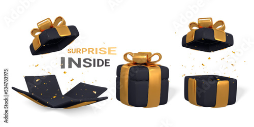 Open 3D realistic black gift box with gold ribbon and bow on white background. Vector illustration
