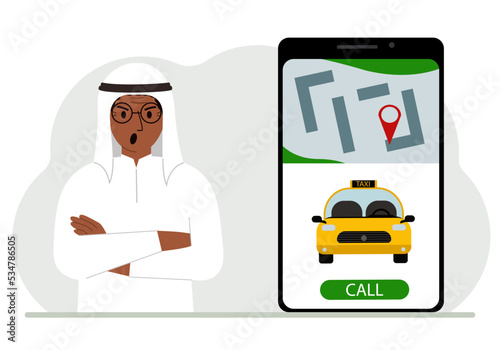 A man next to a large smartphone on the screen which has a taxi and geolocation. The concept of a mobile taxi application or ordering a taxi online.