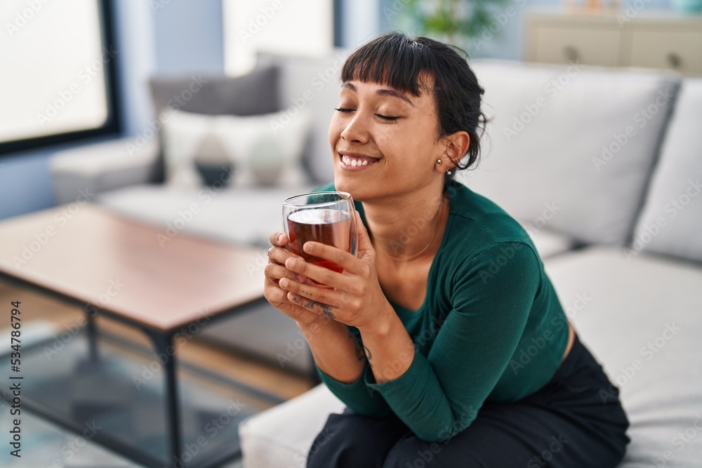 Young beautiful hispanic woman drinking tea sitting on sofa at home Young beautiful hispanic woman drinking tea sitting on sofa at home