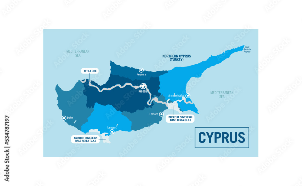 Cyprus country island, regions political map. High detailed vector illustration with isolated provinces, departments, regions, cities and states easy to ungroup. 