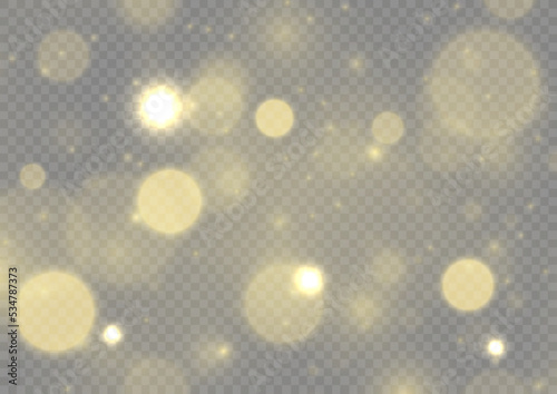Blur yellow sparks and glitter special light effect. Fine, shiny bokeh dust particles fall off slightly. Defocused golden sparkle, stars and blurry spots. Magical gold flickering lights. Vector.