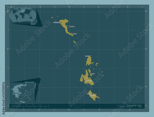 Ionian Islands, Greece. Solid. Labelled points of cities photo