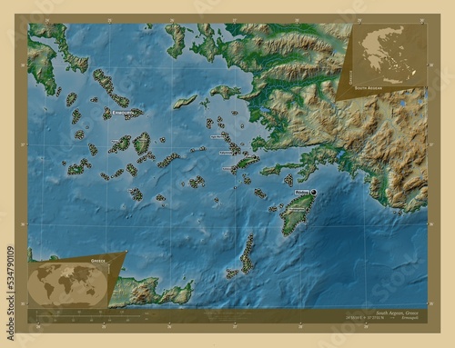 South Aegean, Greece. Physical. Labelled points of cities photo