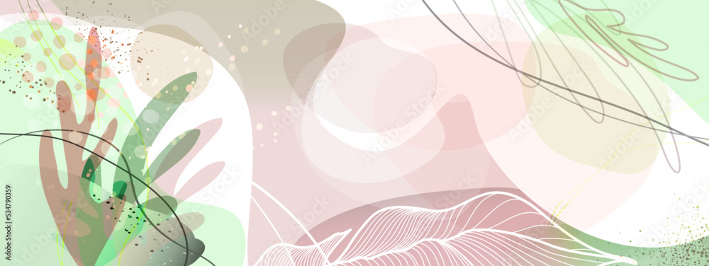 Obraz premium Light green, grey and pink background in soothing colors with tropical leaves, lines and abstract shapes. Vector illustration for text, banners, wallpapers, background, sales, discounts, promotions