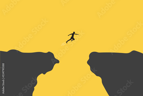 businessman jump through the gap. Concept of success, motivation, goal, professional growth.
