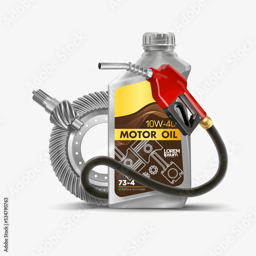 Crown gears. Pinions. Bevel Gear Set. Mechanism, transmission, gear wheel. Plastic canister for motor oil and container with label. Bottle oil canister. Fuel injector or automatic fuel injector. Set.