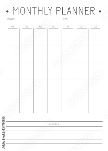 Minimalist monthly planner calendar page