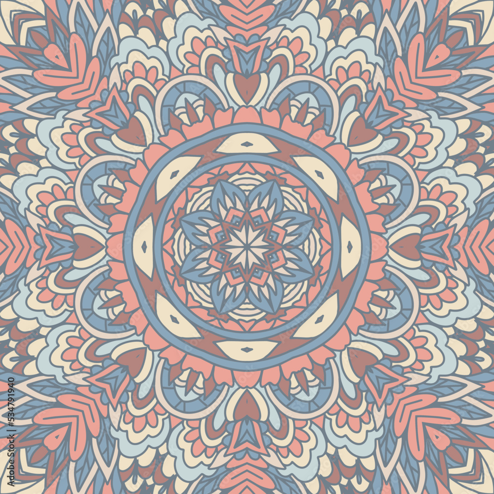 Mandala boho decorated background. Abstract geometric tiled ethnic seamless pattern ornamental. Rosette flourish