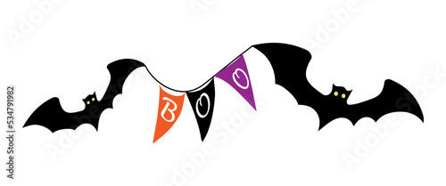 Halloween bats with Boo flags in orange, black and purple. Vector clipart isolated on white background. Spooky background for Halloween celebration, textiles, wallpapers, wrap paper, scrapbooking.