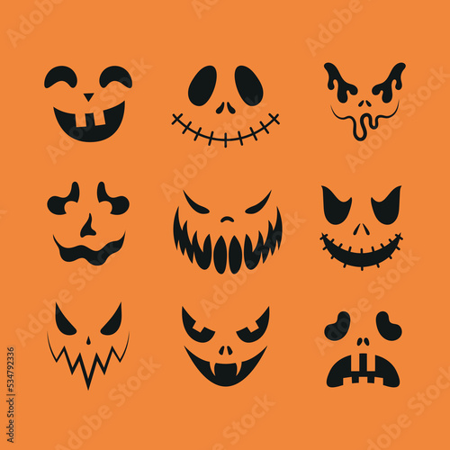 Set of Halloween faces. Creepy, funny, sad and scary faces. Pumpkin faces. Ghost faces. Part 2.