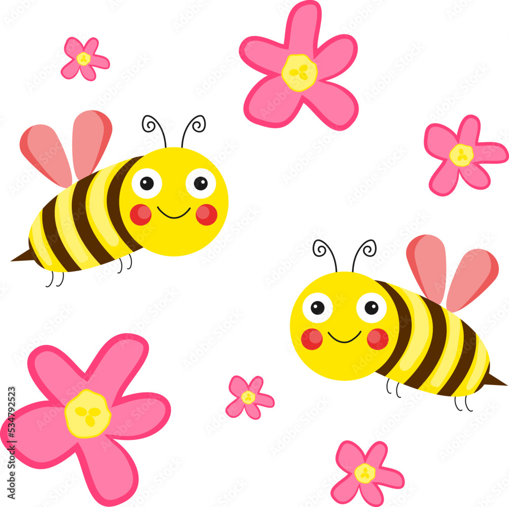 Bees, a set of honey bees flying on a background of flowers. Vector, cartoon. Vector. Bees, a set of honey bees flying on a background of flowers. Vector, cartoon. Vector.