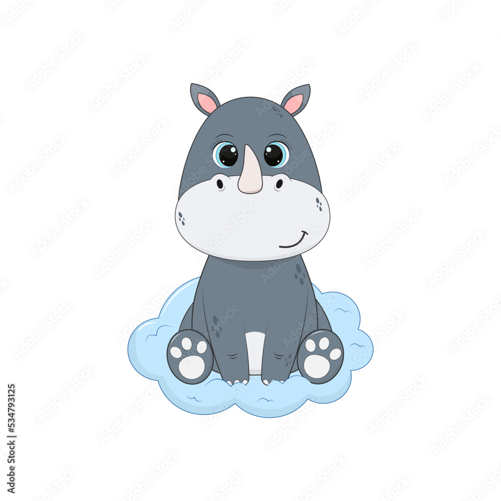 Cartoon rhinoceros sits on a blue cloud. Vector illustration for design and print Cartoon rhinoceros sits on a blue cloud. Vector illustration for design and print