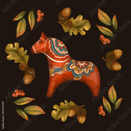 Scandinavian Wooden Red Horse. Floral Folk Ornament, Fall Leaves photo