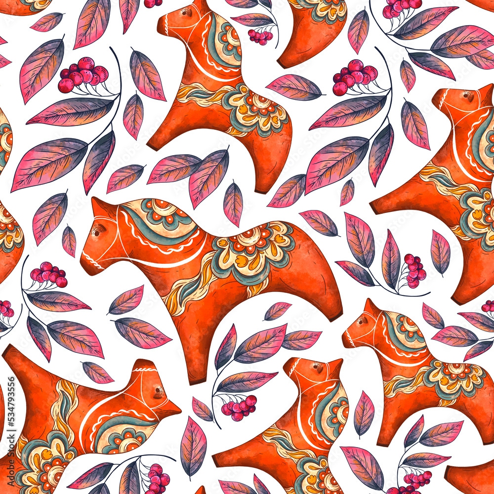 Naklejka premium Scandinavian Wooden Red Horse Seamless Pattern. Floral Folk Ornament, Fall Leaves