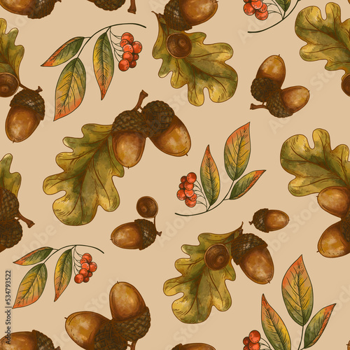 Oak Fall Leaves Seamless Pattern, Autumn Acorn Texture photo