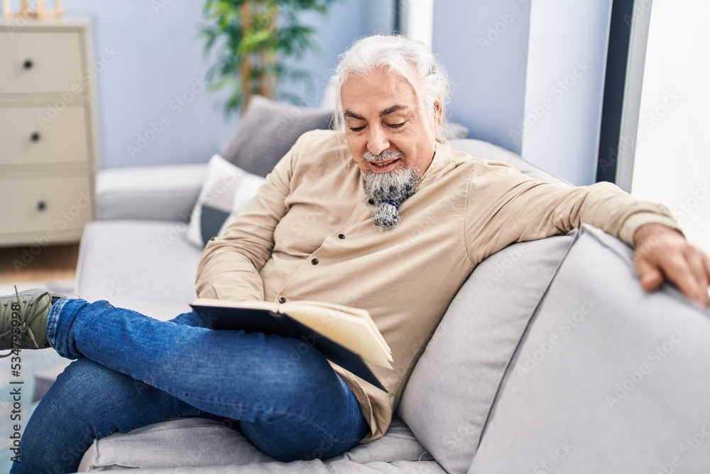 Middle age grey-haired man reading book sitting on sofa at home Middle age grey-haired man reading book sitting on sofa at home