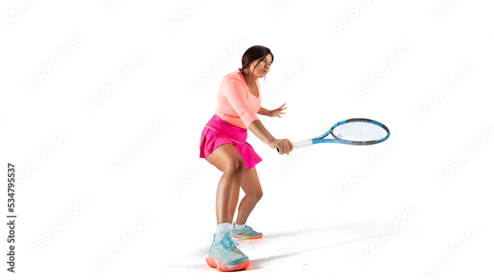Woman playing tennis isolated on white