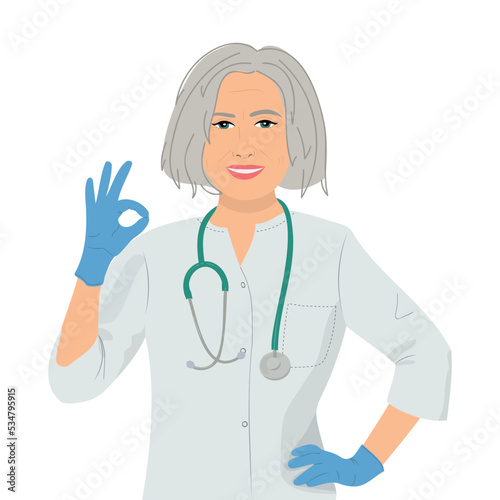 Female doctor over 50. Woman in rubber gloves showing gesture ok. Vector illustration
